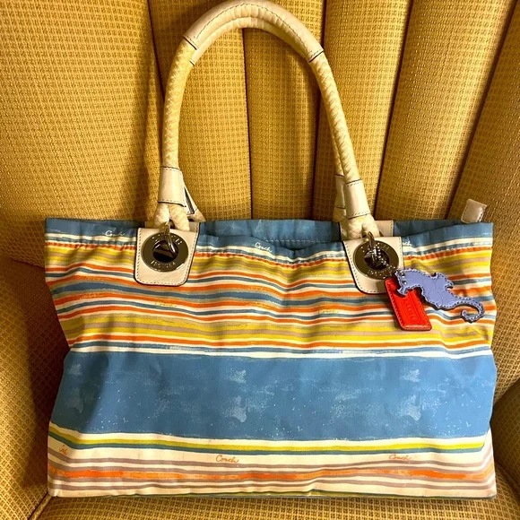Coach | Bags | Coach Beach Nautical Blue Stripe Summer Tote  display picture 1